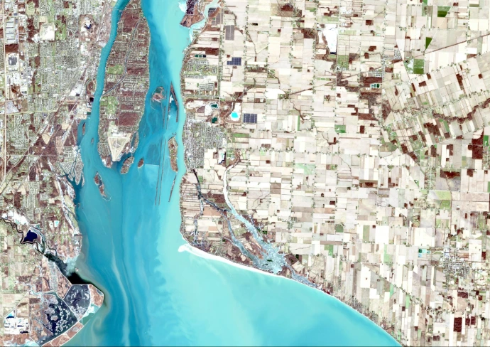 aerial view of a river and city